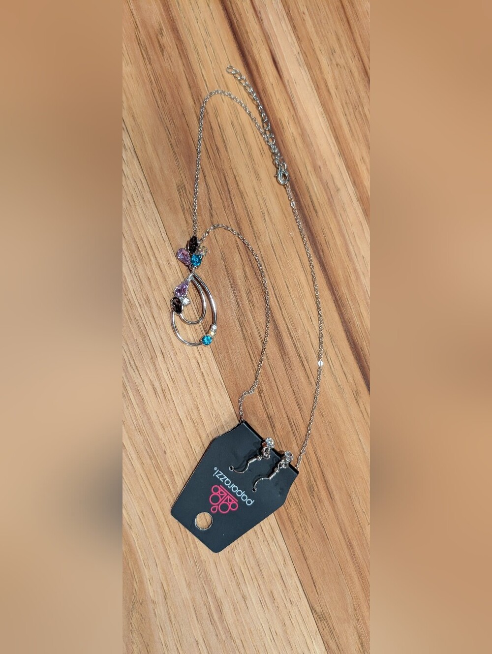 paparazzi Silver Teardrop Necklace with Blue, Purple and Black Stones